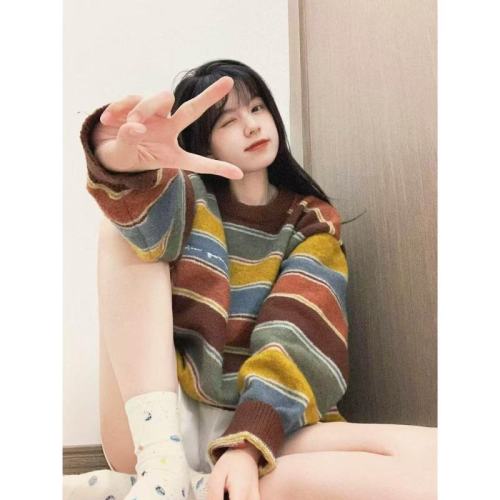 American Retro Color Striped Knit Round Neck Sweater Women's Winter Outfit Dopamine Design Loose Top