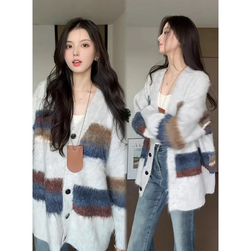 American retro contrast color high-end soft waxy sweater jacket for women in autumn and winter for small people loose atmosphere knitted tops