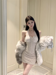 Shooted Collared Neck Dress with High-End Feel, Braided Bustier and Hip-Hugging Skirt, Spliced Short Skirt