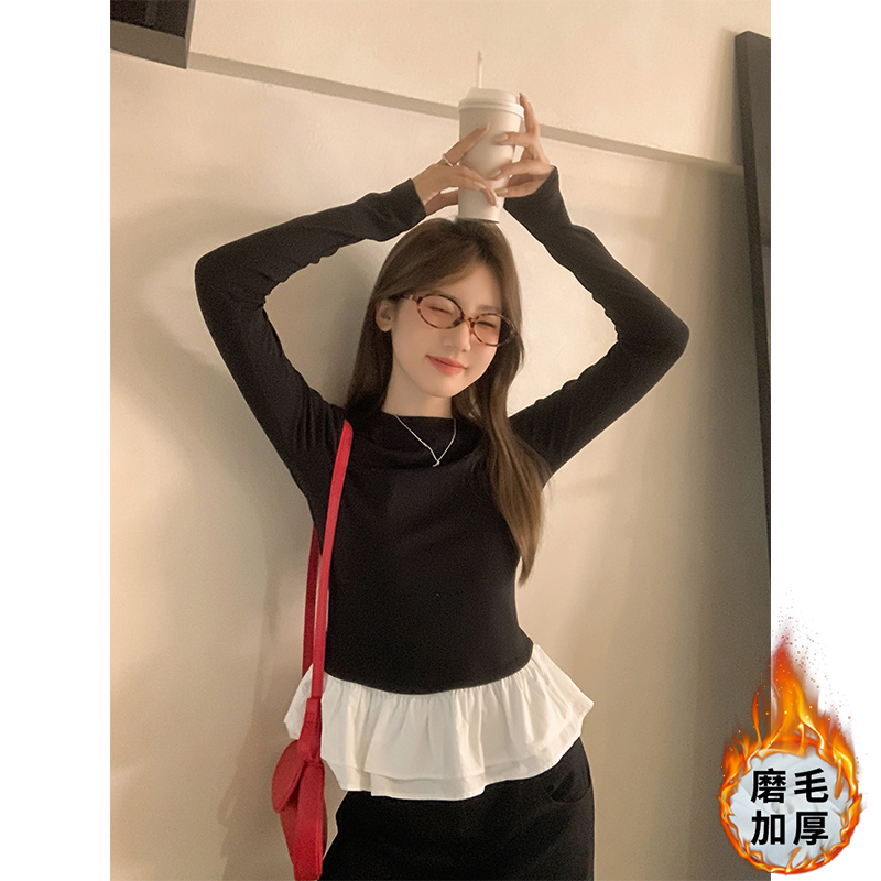 實拍芭蕾風撞色花邊磨毛打底衫女秋季內搭修身顯瘦假兩件上衣