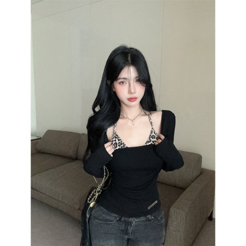 2024 original quality + breast pad hot girl long-sleeved T-shirt slanted shoulder top + leopard print camisole two-piece set