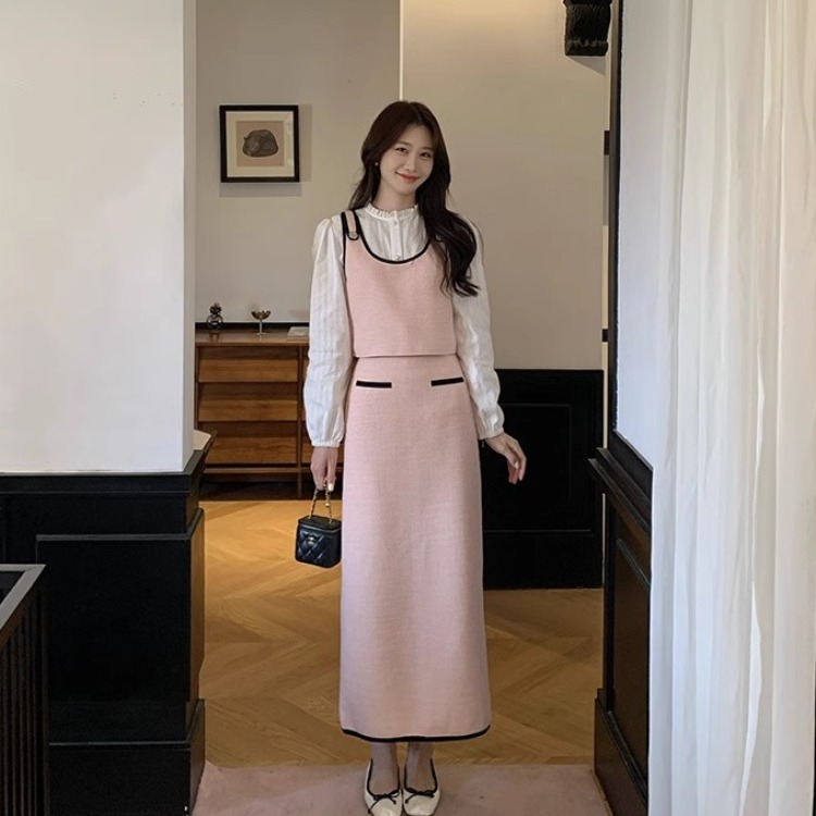 Sunset Fendai pure cotton pink small fragrant vest skirt vest skirt white shirt women's plus size women's suit
