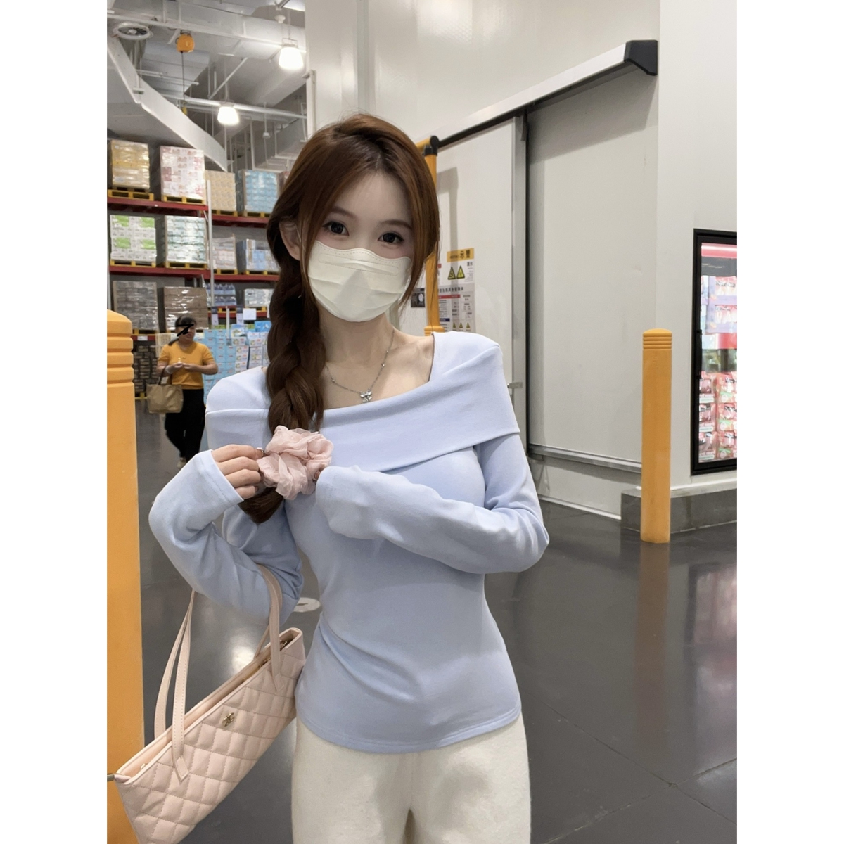 Actual shot of autumn and winter Korean style pure desire gentle one-shoulder fine cashmere versatile long-sleeved inner T-shirt top for women