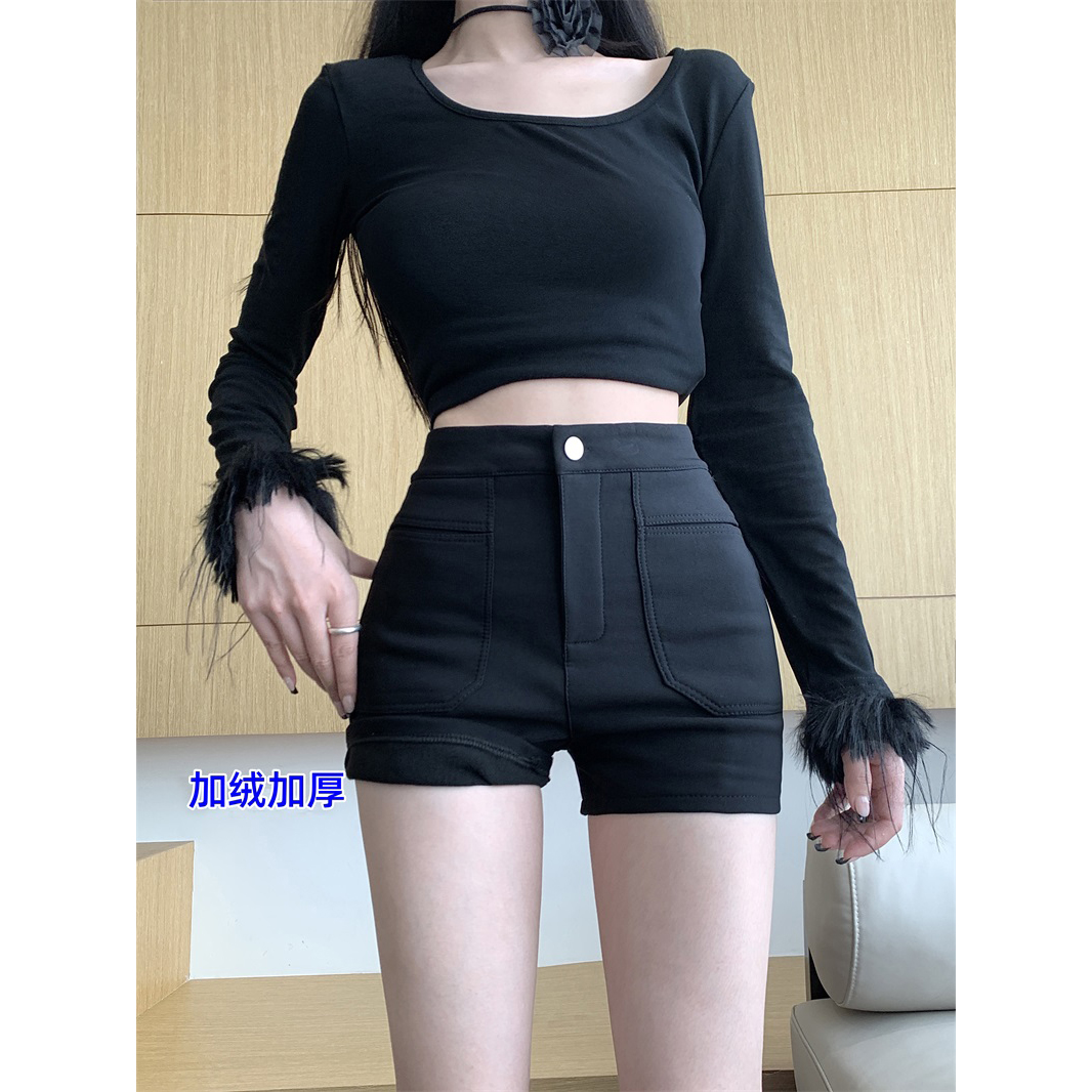 Photographed! Fleece-lined and thickened outerwear black elastic high-waisted slimming versatile A-line suit shorts