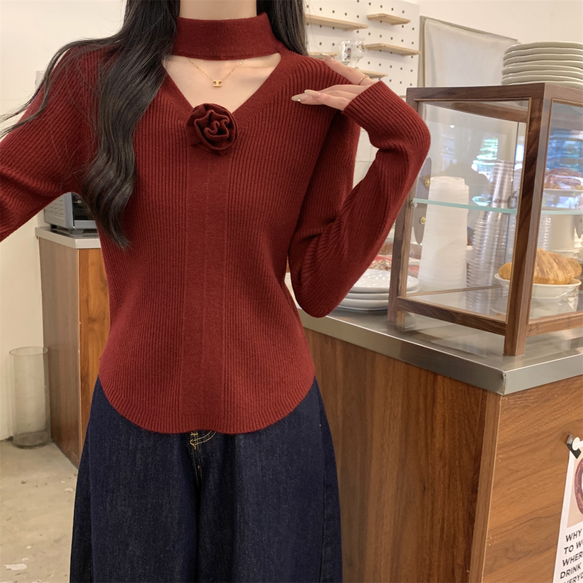 Actual shot of autumn and winter Korean style half turtleneck hollow and gentle design Andy velvet sweater bottoming long-sleeved sweater