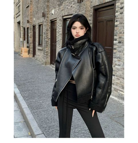 2024 New French Retro Side Zipper Leather Jacket Women's Autumn and Winter New Fashion Tops