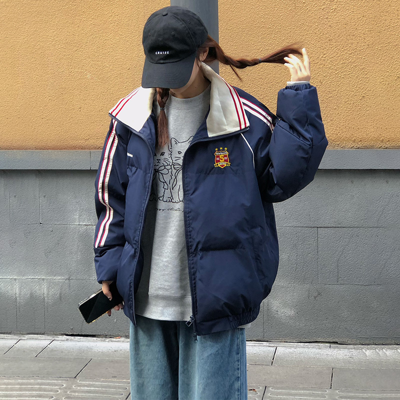 Real shot of American striped design splicing cotton-padded jacket for women winter new college style student cotton-padded jacket