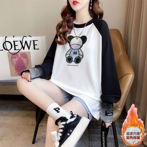 Real shot of autumn and winter new loose double-sided German velvet round neck warm splicing long-sleeved bottoming shirt T-shirt for women