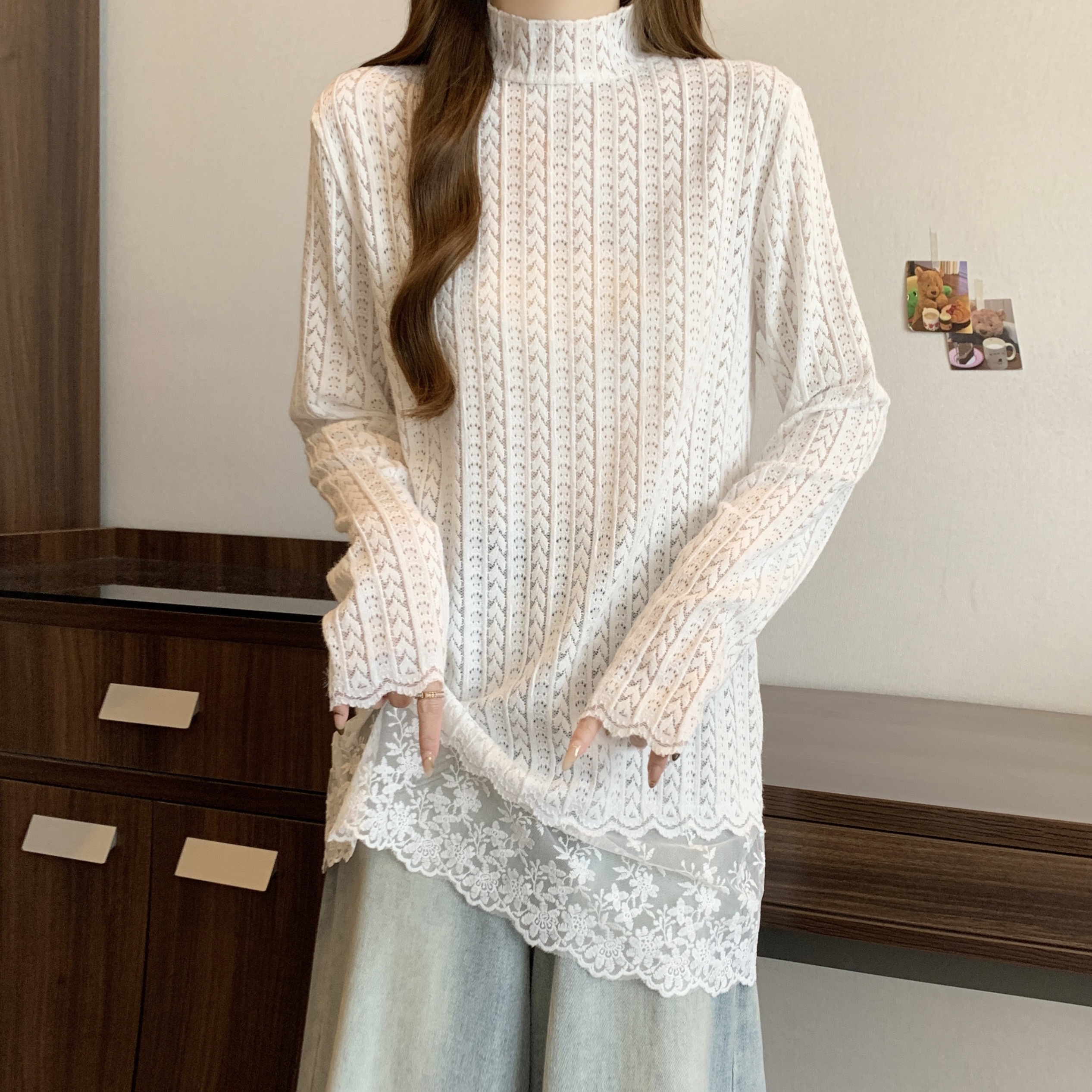 Real shot of large size spring and autumn Korean style simple and versatile solid color turtleneck pullover loose lace shirt top for women