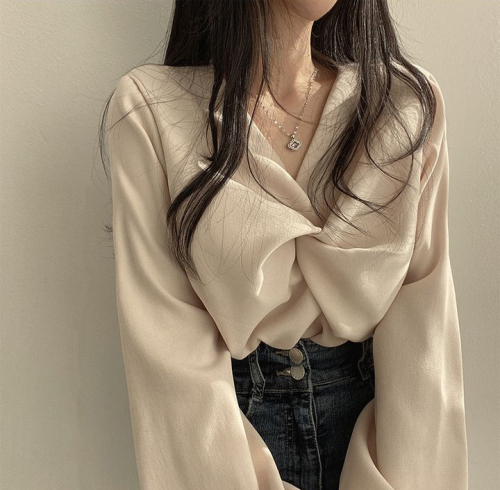 Korean chic autumn French style pleated V-neck twist design loose casual solid color long-sleeved shirt top