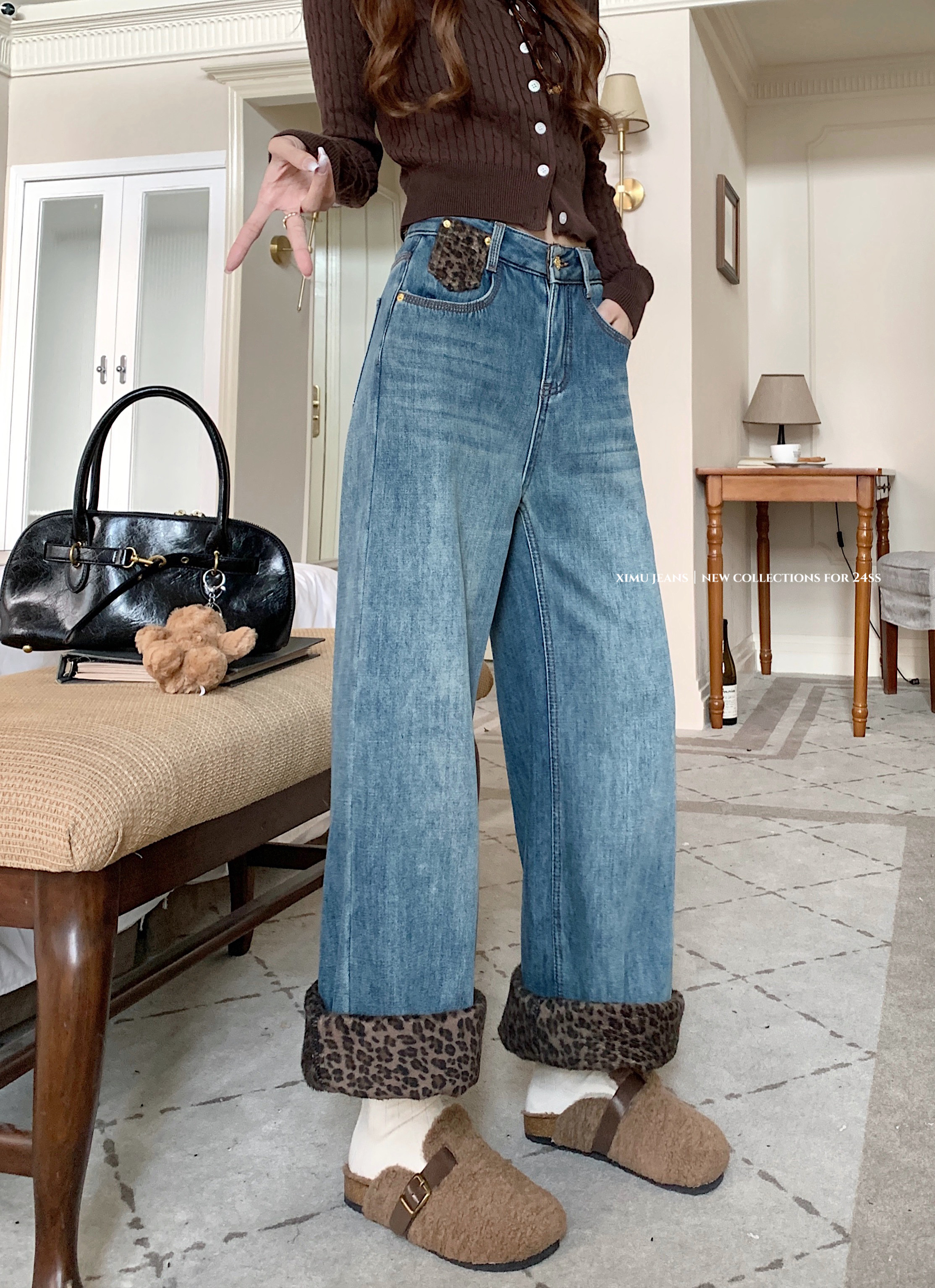 Photographed Winter New Hot Girl Leopard Print Fleece Thick Wide Leg Jeans
