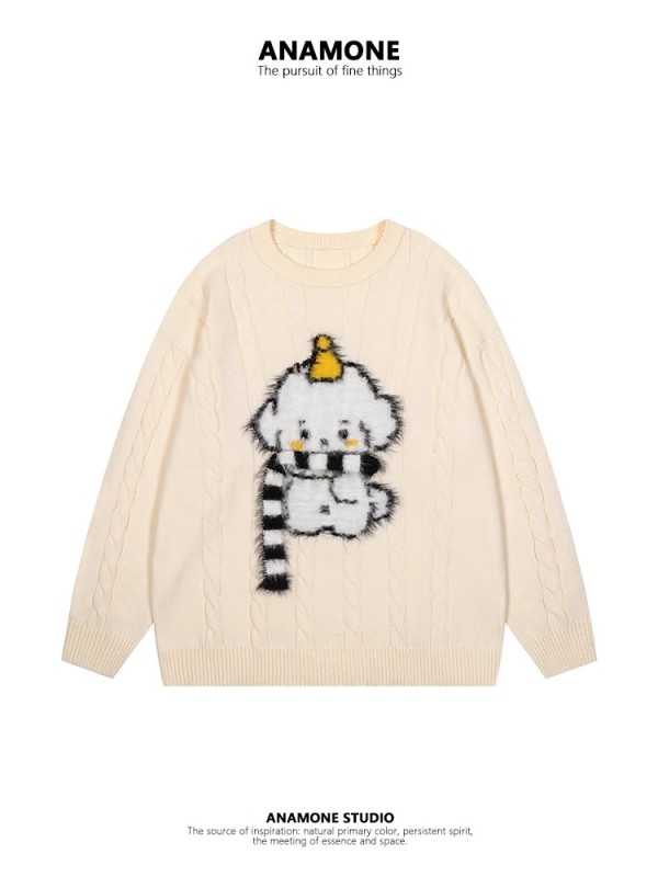 Sweet and cute style cartoon round neck sweater for women in autumn and winter Japanese style retro twist loose and lazy style