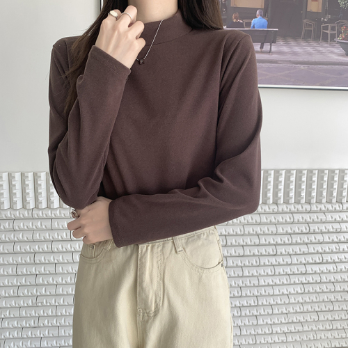 Real shot Korean style brushed thickened half turtleneck bottoming shirt for women in autumn and winter with long-sleeved T-shirt