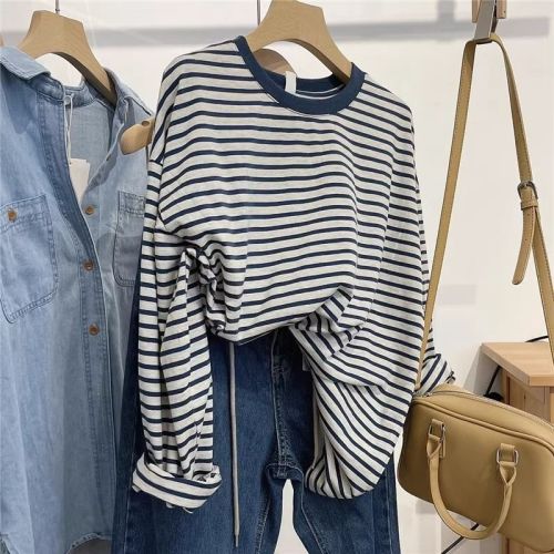 Retro striped long-sleeved T-shirt for women 2024 autumn new niche style distressed versatile loose slimming age-reducing top