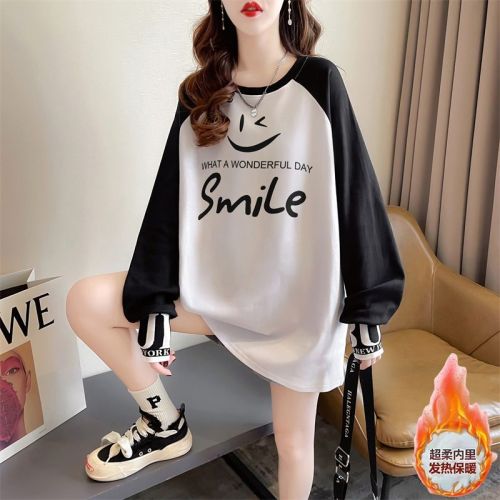 Real shot of autumn and winter new loose double-sided German velvet round neck warm splicing long-sleeved bottoming shirt T-shirt for women