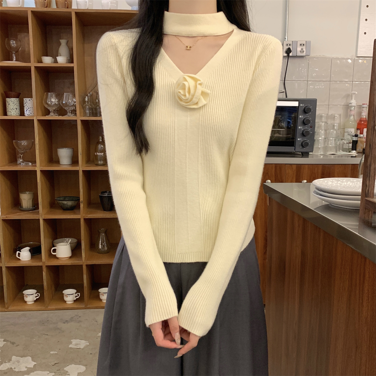 Actual shot of autumn and winter Korean style half turtleneck hollow three-dimensional floral Andy velvet sweater bottoming long-sleeved sweater for women