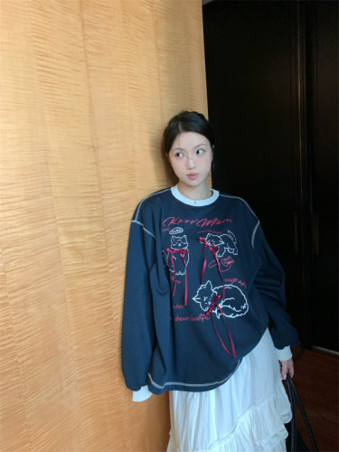 Actual shot of lazy style bow cat print long-sleeved sweatshirt plus velvet loose mid-length top