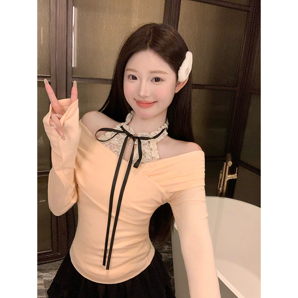 Real shot Autumn and winter pure lust style design long-sleeved knitted blouse lace suspender strap inner two-piece set