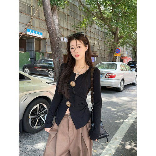 2024 original fabric-quality design button slit long-sleeved T-shirt for women early autumn slim fit top