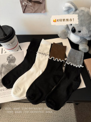 實拍時尚百搭襪子女中筒襪拼色堆堆襪長襪女襪純棉4雙裝