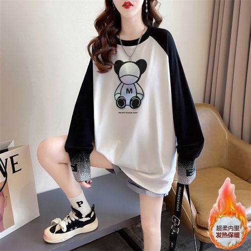 Real shot of autumn and winter new loose double-sided German velvet round neck warm splicing long-sleeved bottoming shirt T-shirt for women