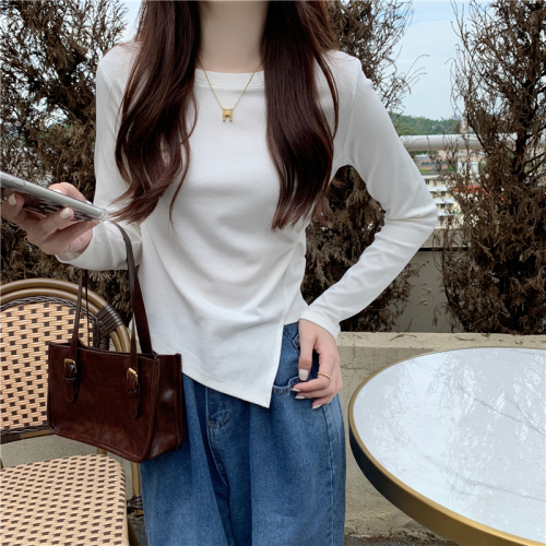 Actual shot of early autumn new Korean style slimming irregular design long-sleeved T-shirt tops for women