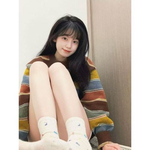 American Retro Color Striped Knit Round Neck Sweater Women's Winter Outfit Dopamine Design Loose Top