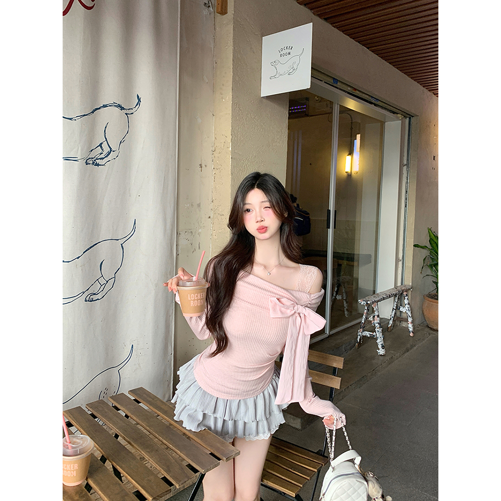 Photographed Pure Desire Design Shoulder Sweet Butterfly Knot Hooded Winter Personality Top