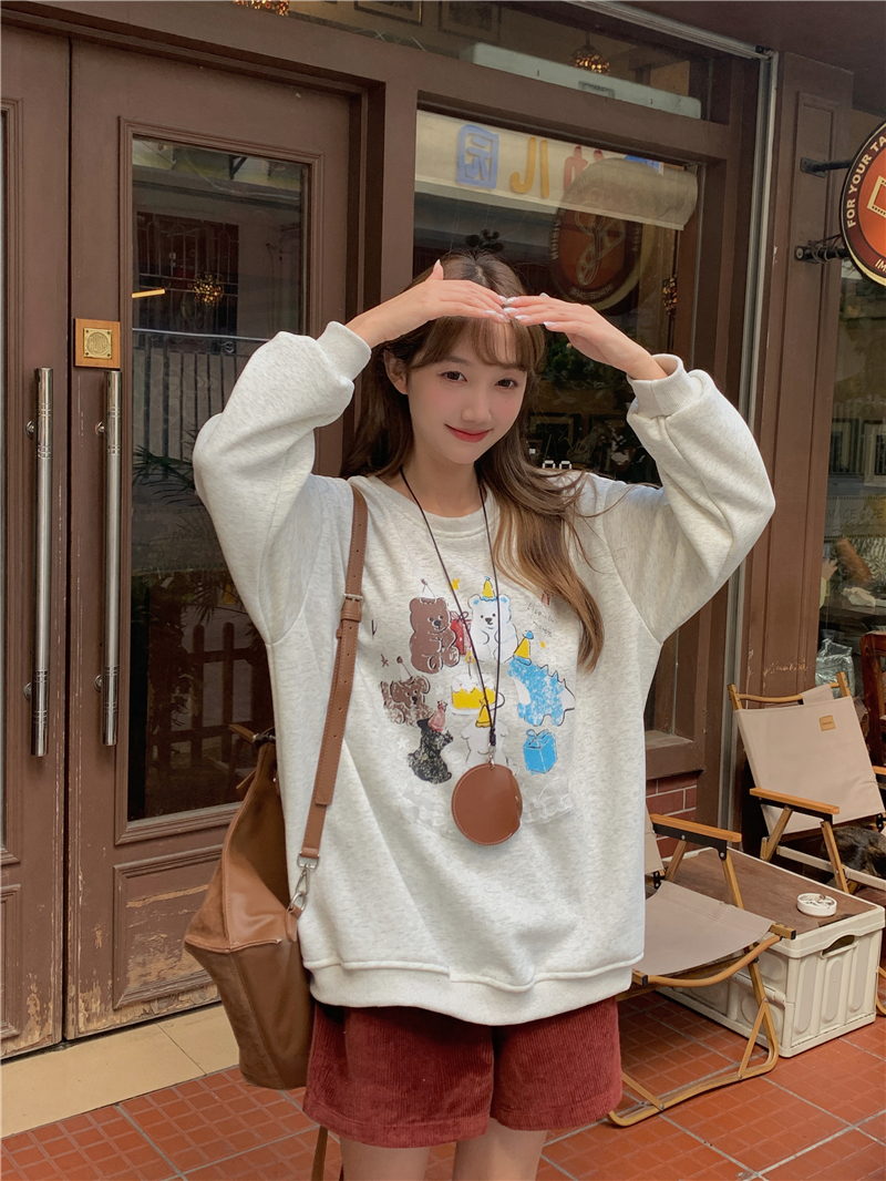 Photographed Autumn/Winter New Korean Style Loose Matchable Cute Bear Loose Fleece Round Neck Hooded Fleece Sweatshirt