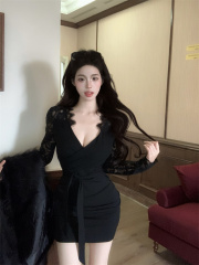 Shooted Lace Edge Splicing V-neck Slimming Bodycon Bodice Slimming Strapless Design Black Sexy Women's Dress