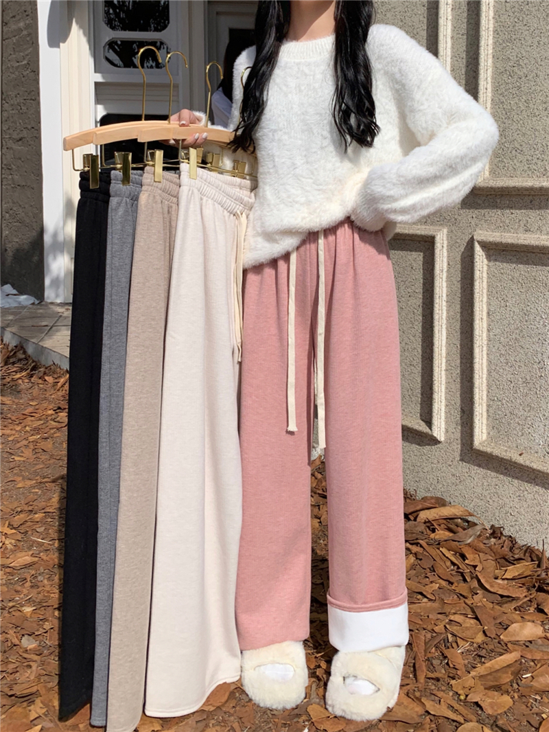 實價實拍垂感黑色褲子休閒褲女鬆緊闊腿褲秋冬季寬鬆直筒長褲
