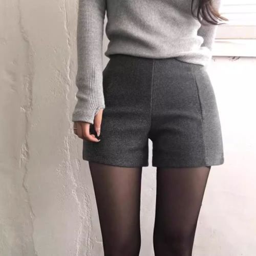 灰色毛呢短裤女显瘦韩版修身包臀呢子靴裤高腰打底三分裤