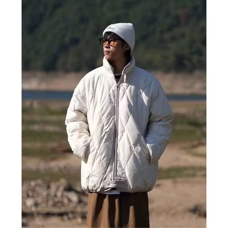 Winter Japanese style stand collar loose diamond check down jacket men's trendy brand retro white duck down couple's warm short jacket