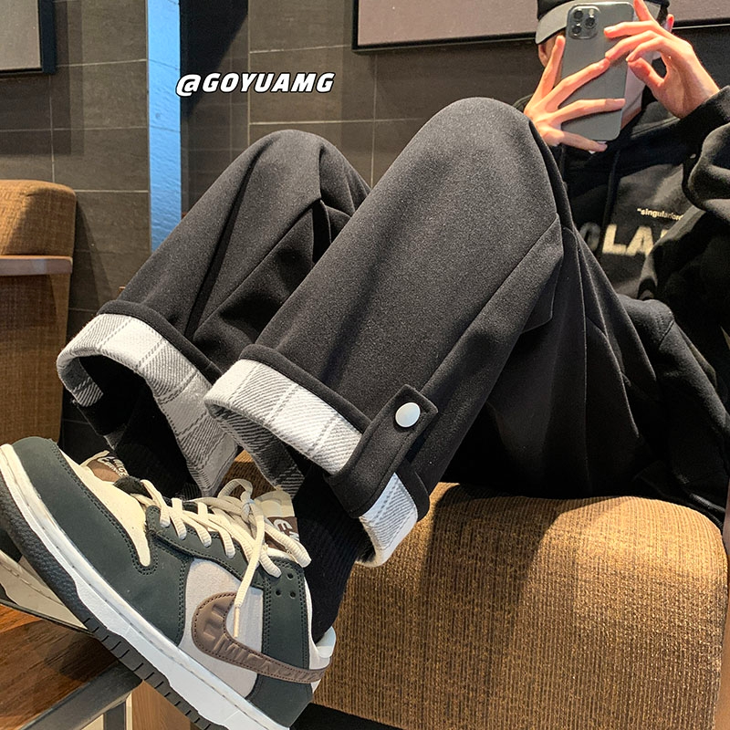 Thin, velvet cuffed plaid casual sports pants for women, autumn and winter new student Korean style wide-leg pants