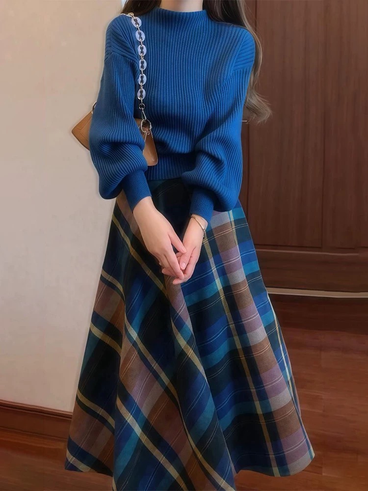 梨型身材顯瘦套裝女秋季時尚洋氣針織毛衣炸街格子半身裙兩件套