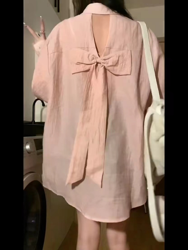 Pearl chiffon hollow back bow shirt women's design niche pure desire backless shirt top