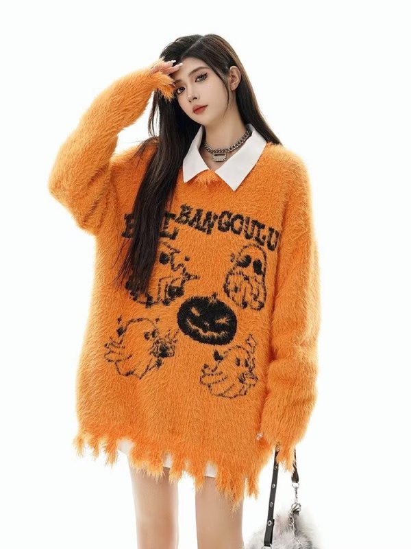 2024 American lazy style troublemaker embroidered irregular hem knitted sweater for men and women, versatile trendy ins