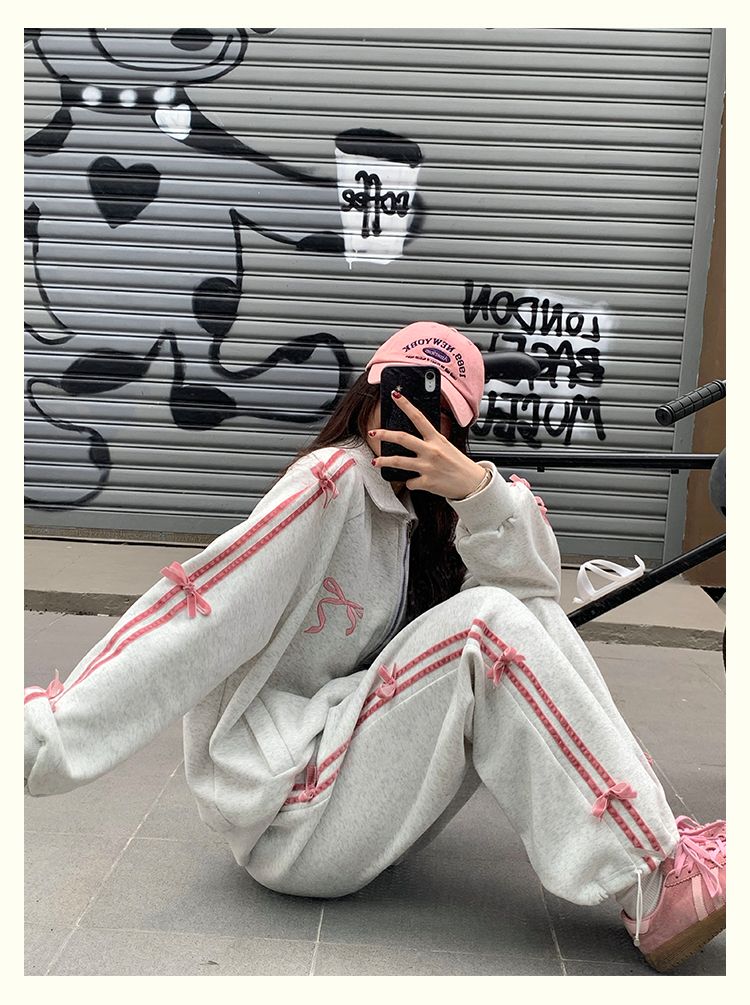 Korean New Bow Tie Sweatshirt Jacket College Style Casual Sport Wide Leg Pants Two-Piece Set