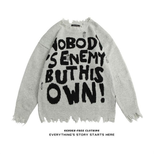 jerfuni ripped edges European and American high street letter sweater women's loose round neck bottoming sweater trendy brand