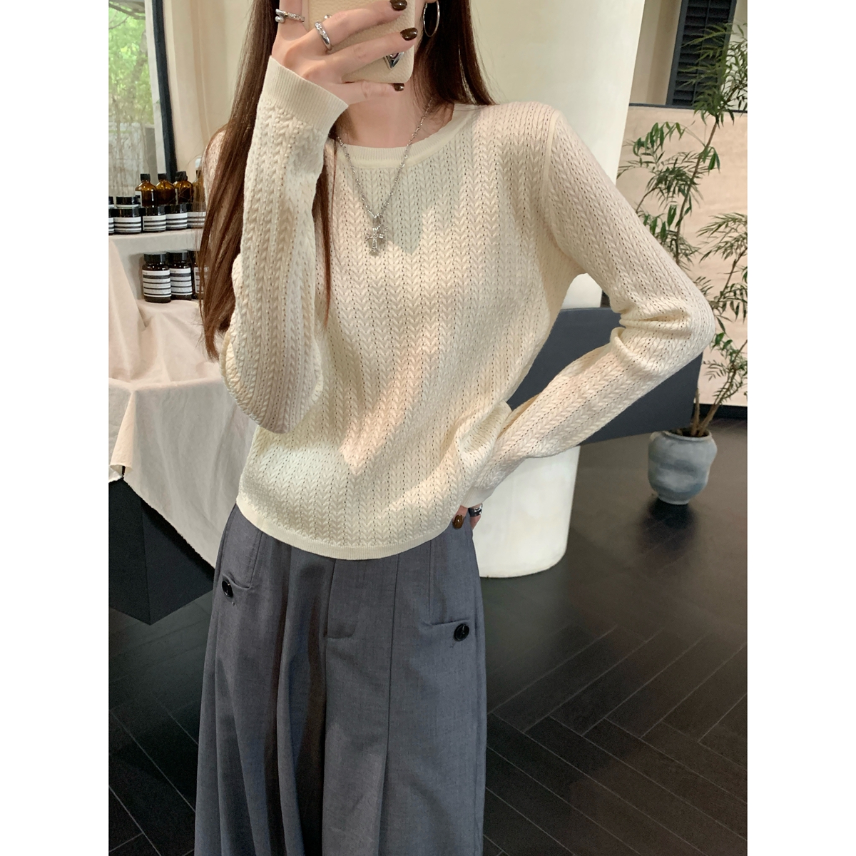 Actual shot of autumn and winter Korean style round neck temperament design 6 wool sweater bottoming long-sleeved sweater top