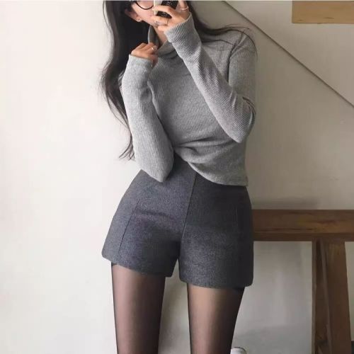 灰色毛呢短裤女显瘦韩版修身包臀呢子靴裤高腰打底三分裤