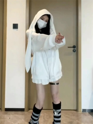 Back collar double-layer hood, non-balling, with cotton screw thread, imitation cotton Chinese cotton composite 310g thin sweatshirt for women with bunny ears