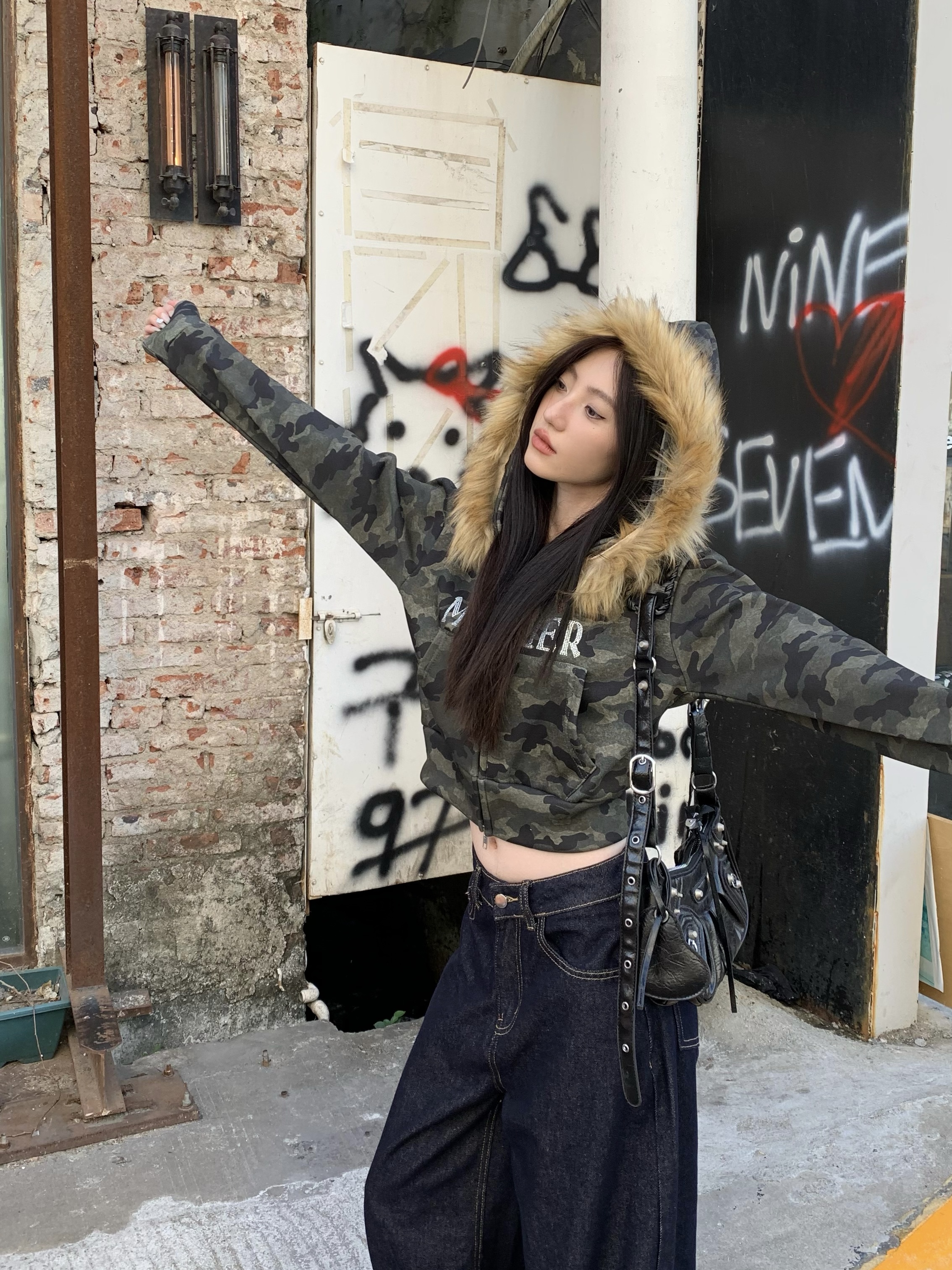 Photographed~ Korean-style slimming long-sleeved hooded padded camouflage hoodie