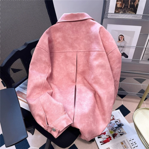 Leather lined American retro metal buckle lapel windbreaker jacket for women spring and autumn coat