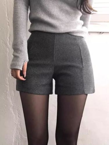 灰色毛呢短裤女显瘦韩版修身包臀呢子靴裤高腰打底三分裤