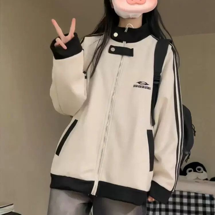 Trendy brand American retro three-stripe jacket 2024 spring and autumn loose splicing design coat jacket baseball uniform for women