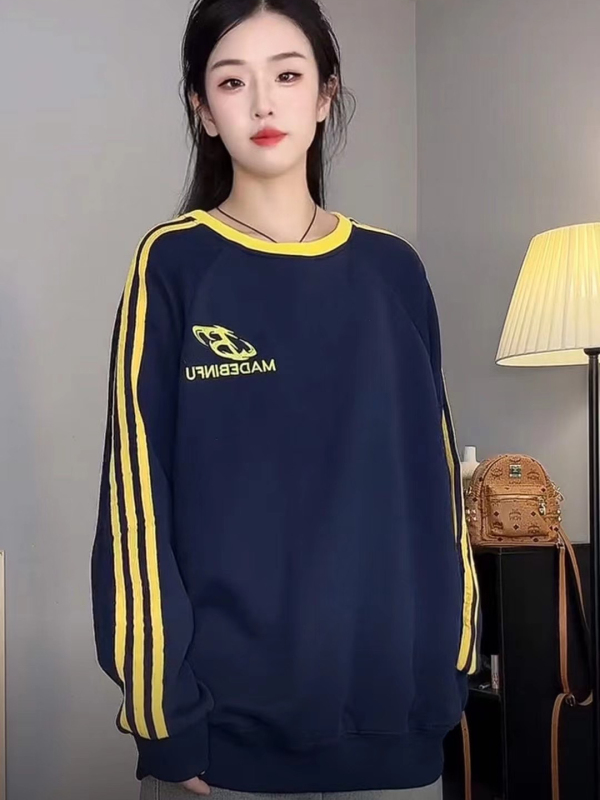 American Retro Three Stripes Sports Round Neck Sweater Women's Trendy 2024 Autumn New Loose Casual Couple Tops