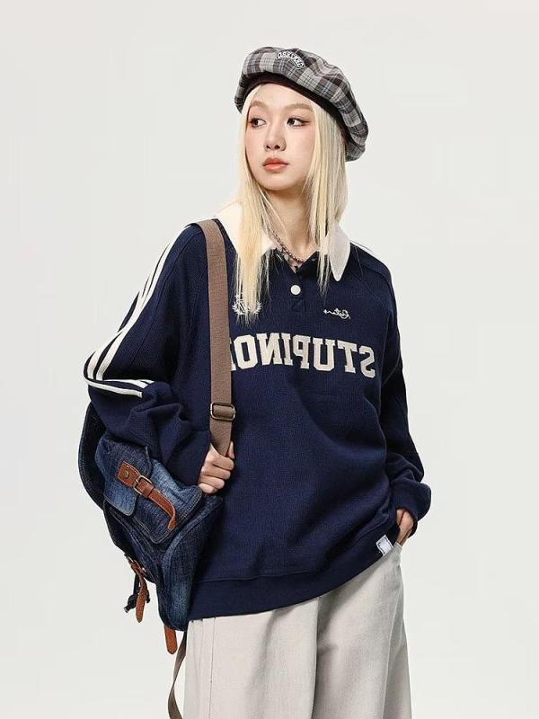 American Retro College Style Waffle Polo Collar Sweater Women's Loose Casual Couple Wear Striped Raglan Sleeve Top