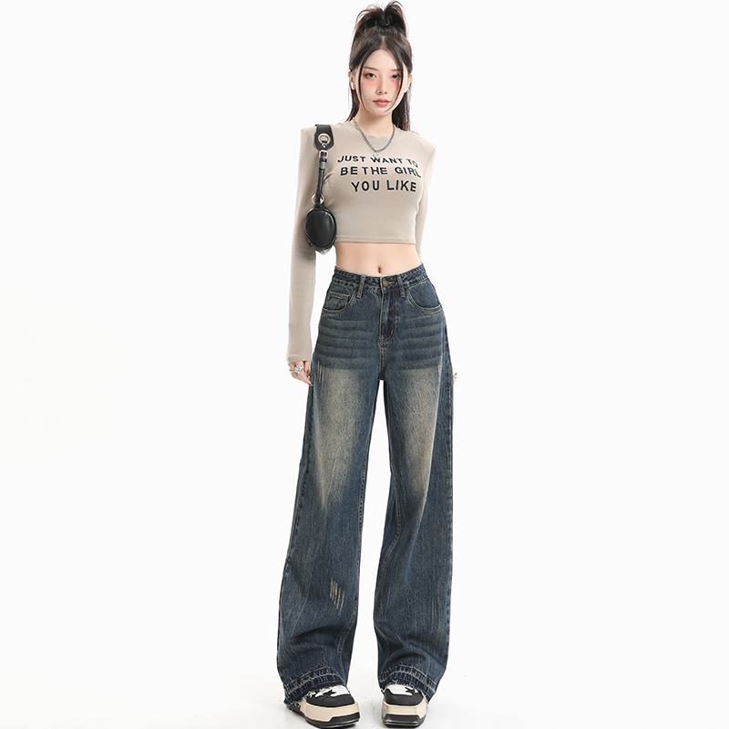 American retro jeans for women, autumn and winter, velvet and thickened, new style, loose, slim, high-waisted, wide-leg pants