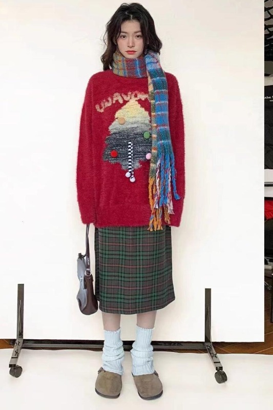 American retro gradient Christmas tree round neck sweater autumn and winter casual couple loose sweater